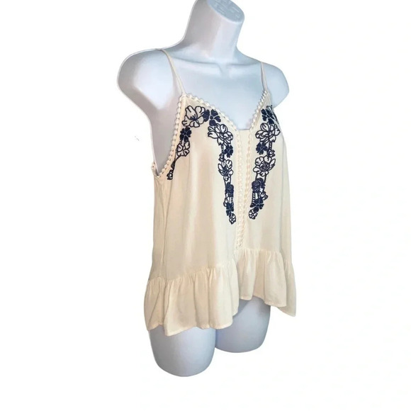 Embroidered Cream & Blue Floral Tank Top Boho Chic, Adjustable Spaghetti Straps - Picture 5 of 7
